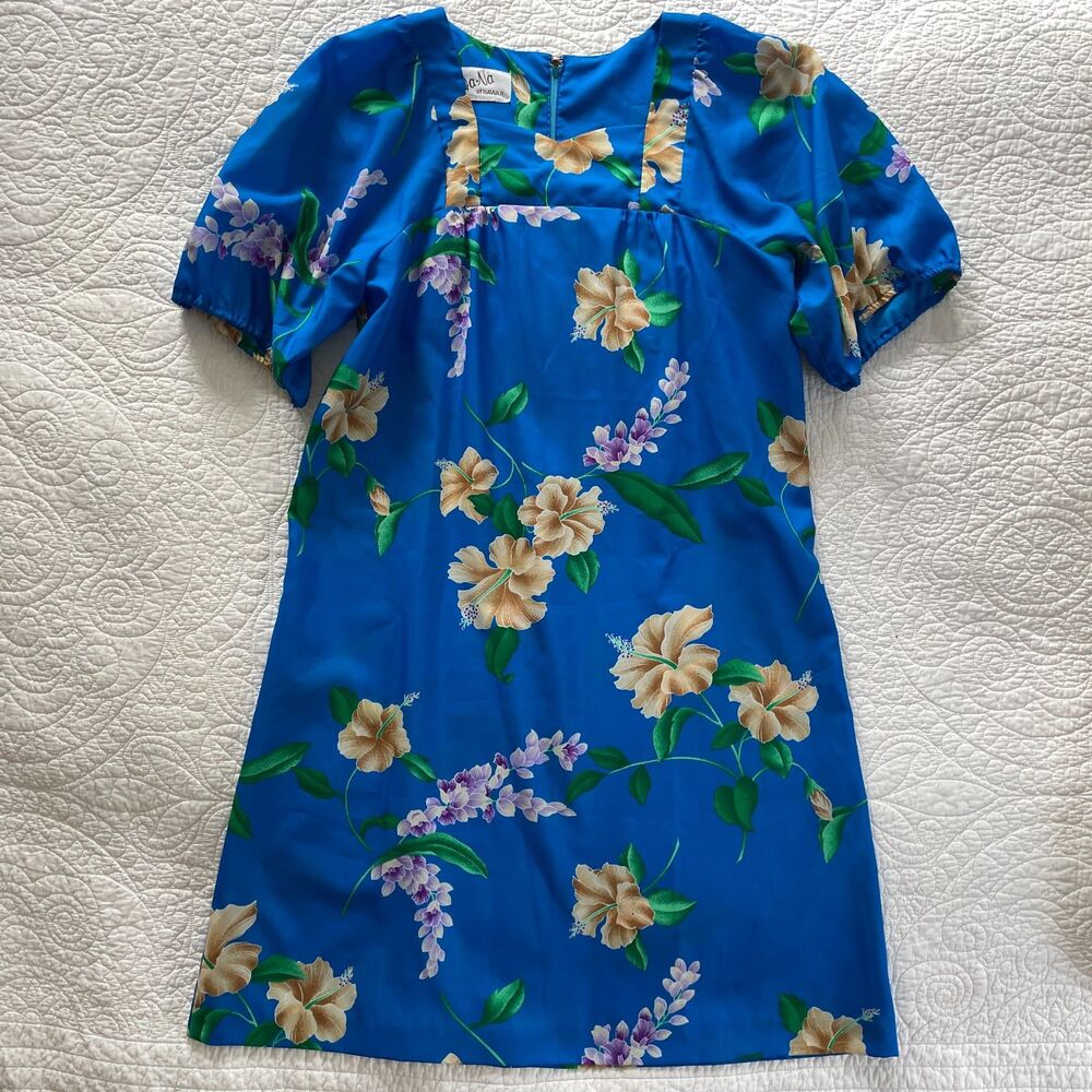 Vintage Ja-Na of Hawaii Muumuu Dress Blue Tropical Hibiscus Midi Sz L 40" Chest